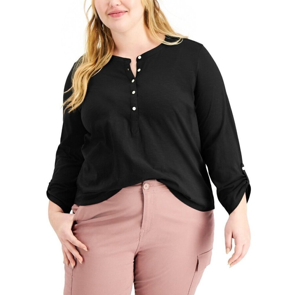 Style & Co Womens Plus Size 0X Cotton Roll-Tab‎ Henley Top Deep Black $49 300